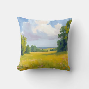 Cojín Decorativo Pintura de paisaje natural de prado verde exuberan