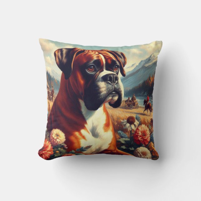 Cojín Decorativo Pintura de perro de Boxer de época (Anverso)