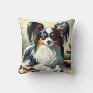 Cojín Decorativo Pintura de perro de Papillon de época