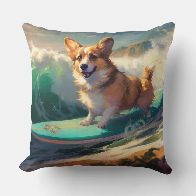 Cojín Decorativo Pintura de surf de Corgi Beach (Anverso)