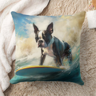 Cojín Decorativo Pintura de surf en la playa de Boston Terrier