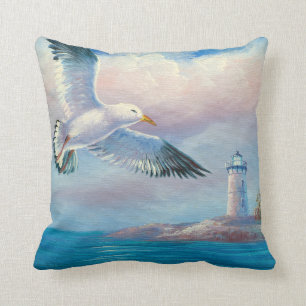Cojín Decorativo Pintura de una gaviota que vuela cerca de un faro