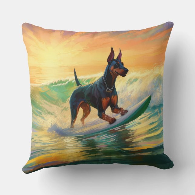 Cojín Decorativo Pintura Doberman Beach Surfing (Reverso )