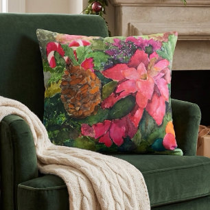 Cojín Decorativo Pintura en Acuarela Original de Flor de Nochebuena