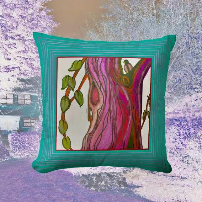 Cojín Decorativo Pintura estilizada azul-verde de árbol y pájaro (Subido por el creador)