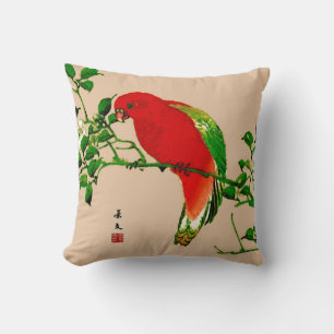 Cojín Decorativo Pintura Japonesa Antigua de un Loro, Rojo y Verde