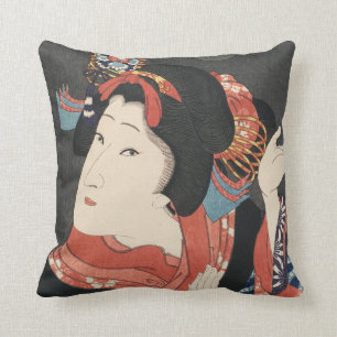 Cojín Decorativo Pintura japonesa colorida del vintage de la mujer