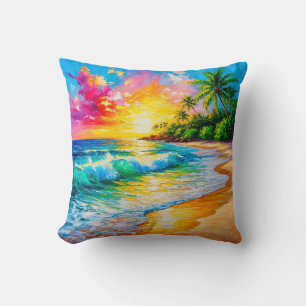 Cojín Decorativo Pintura vibrante del atardecer tropical con olas