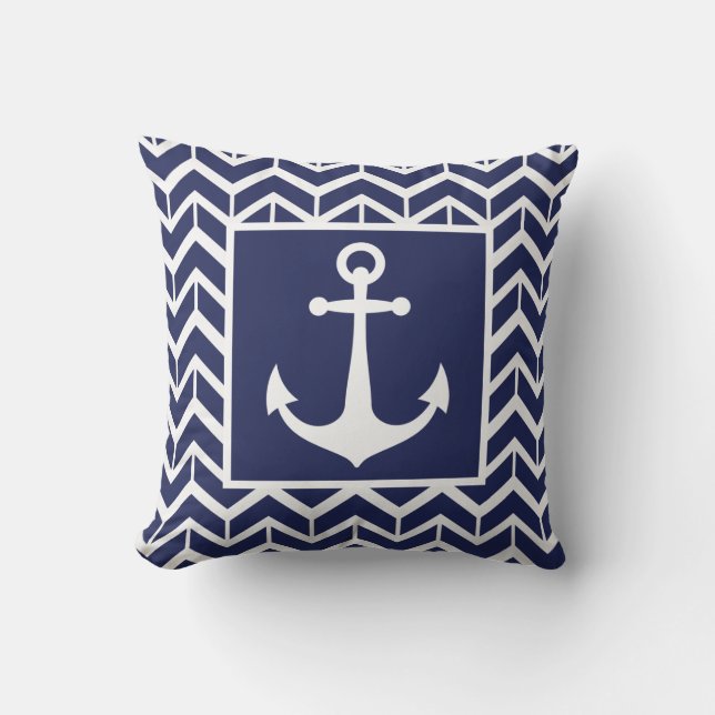 Cojín Decorativo Piscina costera Anchor Navy Blue Herringbone (Anverso)