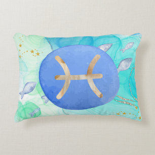 Cojín Decorativo Piscis Azul Verde Acuarela Astrología Zodiaco