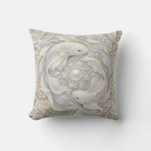 Cojín Decorativo Piscis Marfil Azul Estilo Relieve Porcelana