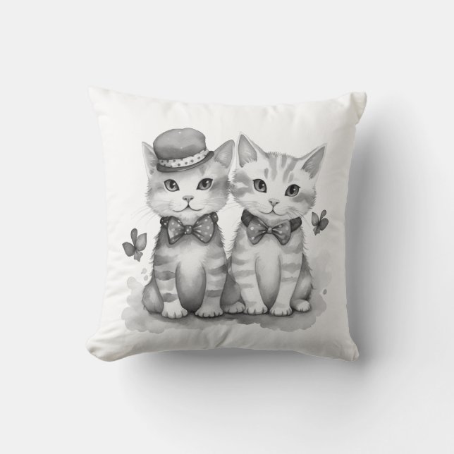 Cojín Decorativo Piso de puntos polka de gatitos blancos y negros (Anverso)