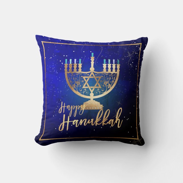 Cojín Decorativo PixDezines Happy Hanukkah|Temple Menorah (Anverso)