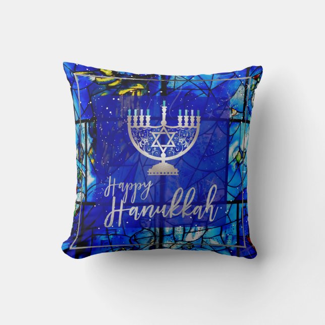 Cojín Decorativo PixDezines Happy Hanukkah|Vidrio manchado (Anverso)