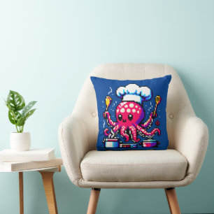Cojín Decorativo Pixel Octopus Chef Funny Cooking y Seafood Design
