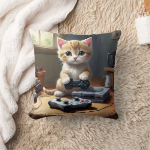 Cojín Decorativo "Pixel Paws: The Gamer Kitten in Action"
