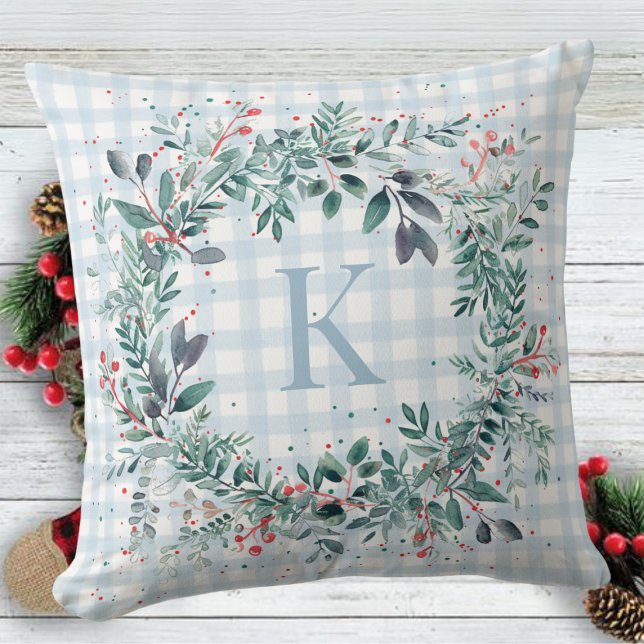 Cojín Decorativo Plaid Blue Monogram Greenera Navidades Wreath (Subido por el creador)