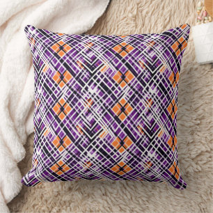 Cojín Decorativo Plaid Geométrico de Halloween - Morado, Naranja, B