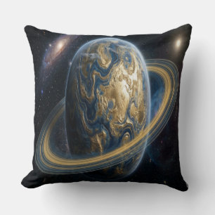 Cojín Decorativo Planeta Azul Dorado con Anillos
