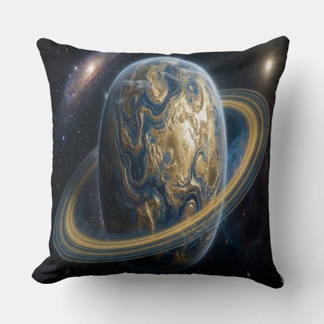 Cojín Decorativo Planeta Azul Dorado con Anillos (Anverso)