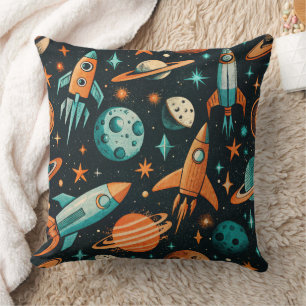 Cojín Decorativo Planeta Naranja Teal Espacio Atómico de Mitad de S