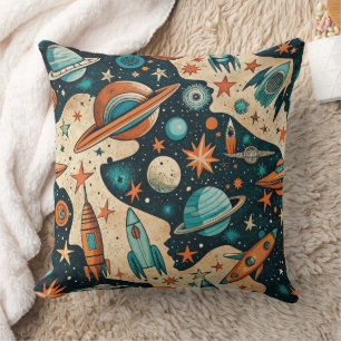 Cojín Decorativo Planetas Naranja Verde Acuario de Cohetes Espacial