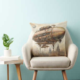 Cojín Decorativo Planos de Dirigible Steampunk Antiguo en Cobre