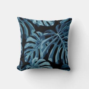 Cojín Decorativo Planta de Monstera: patrón de hojas azules.