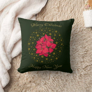 Cojín Decorativo Planta de Poinsettia Roja sobre el cielo verde est