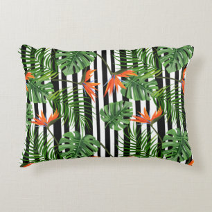 Cojín Decorativo Planta Tropical Colorida, Hojas de Palma y Pájaro