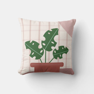 Cojín Decorativo Plantas Monstera Fondo de Plaid de Terracota Rosa