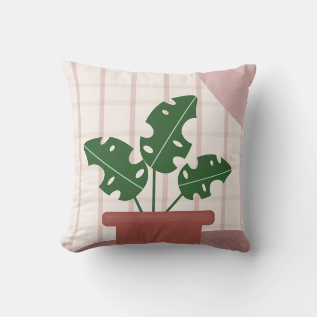 Cojín Decorativo Plantas Monstera Terracotta De Fondo Rojo (Anverso)