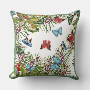 Cojín Decorativo Plantas tropicales Mariposas Berries Azul Rojo