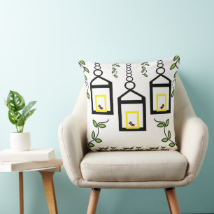 Cojín Decorativo Plantas Verdes Pájaros Patrón de la Naturaleza