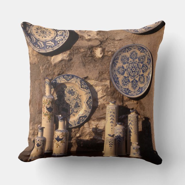 Cojín Decorativo Plaque Poster Umbria de la alfarería azul y crema (Anverso)