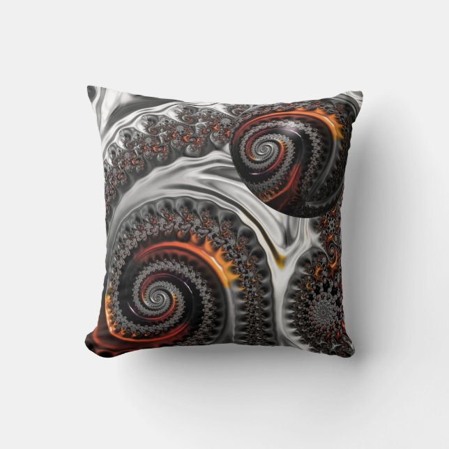Cojín Decorativo Plata y Naranja Mandelbrot con Esfera (Anverso)