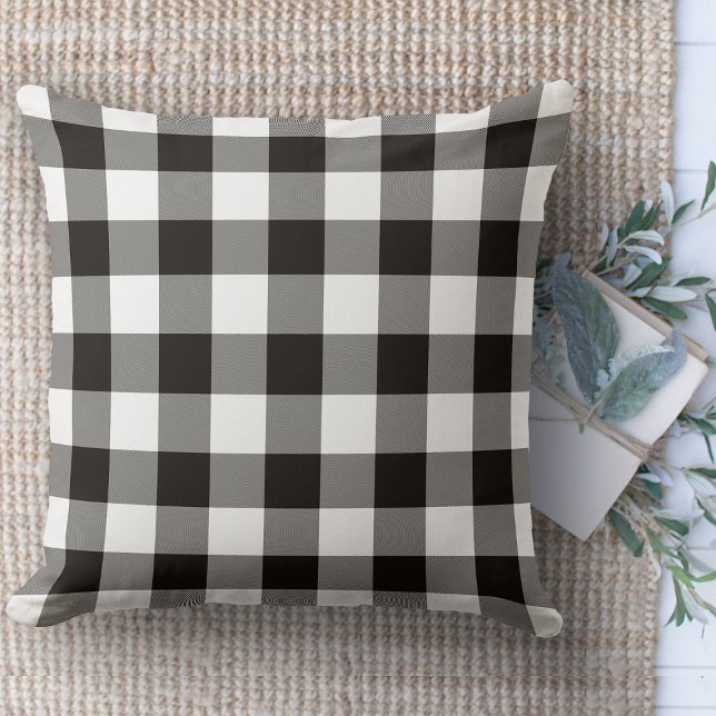 Cojín Decorativo Platos modernos de búfalo negros y blancos (throw pillow farmhouse pillows country plaid throw pillow brown and beige)