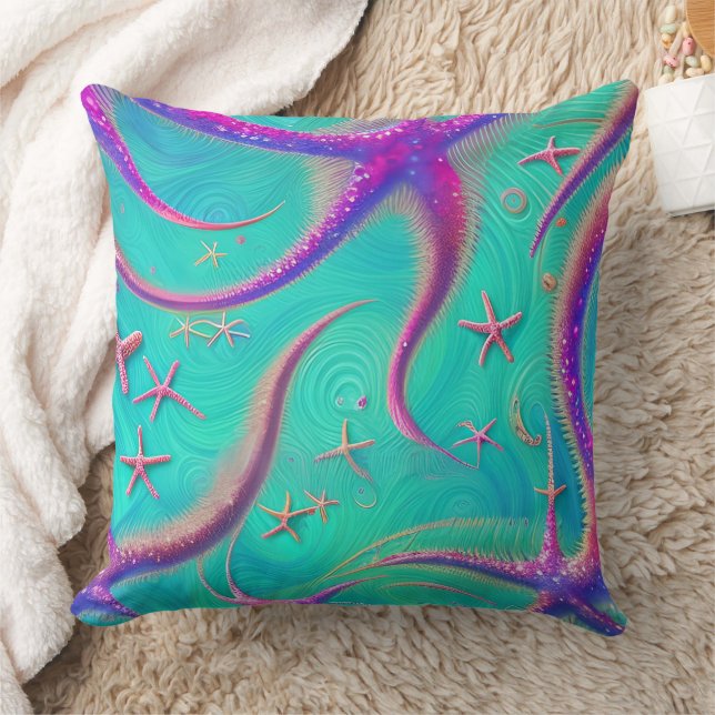 Cojín Decorativo Playa de Starfish verde azulada y morada (Manta)