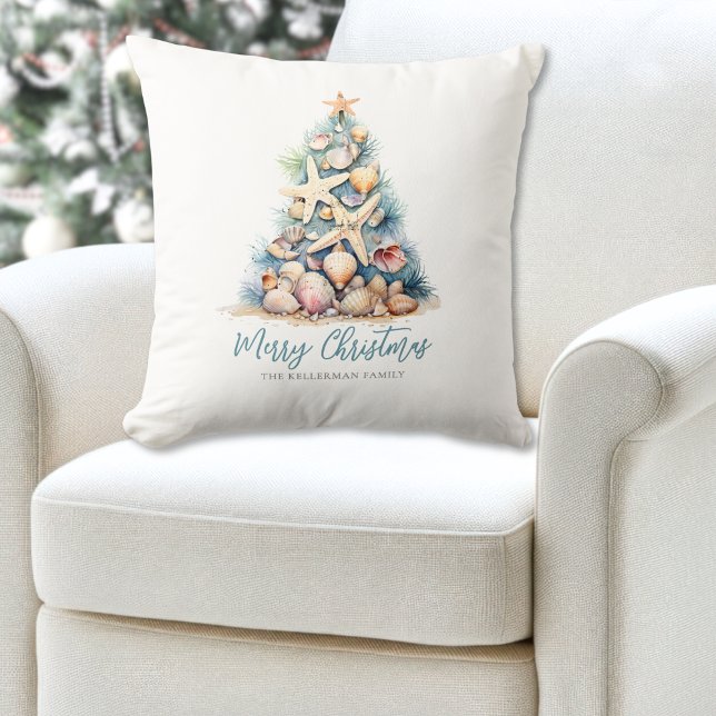 Cojín Decorativo Playa del Árbol navideño (Merry Christmas Tree Beach Throw Pillow )