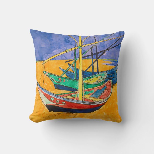 Cojín Decorativo Playa del Impresionismo de los barcos Van Gogh (Anverso)