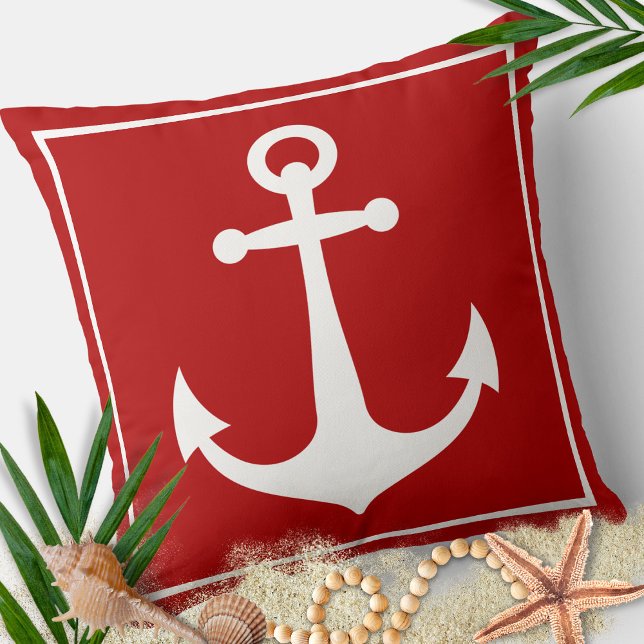 Cojín Decorativo Playa Náutica de Ancla Roja y Blanca (Red and White Anchor Nautical Pillow)