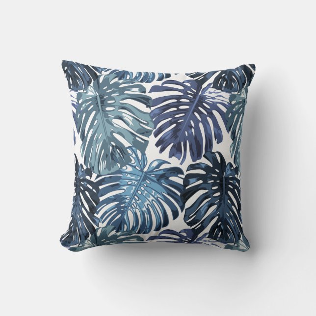 Cojín Decorativo Playa Tropical Blue Palm Leaves Blancas (Anverso)
