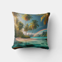 Cojín Decorativo Playa Tropical Con Arcoiris Y Palmeras