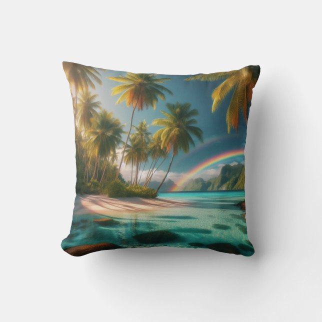 Cojín Decorativo Playa Tropical Con Arcoiris Y Palmeras (Anverso)