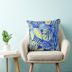 Cojín Decorativo Playa Tropical de Hoja de Palma Azul y Naranja Sol
