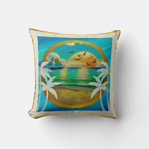 Cojín Decorativo Playa Tropical Moderna Palmeras Atardecer Vacacion