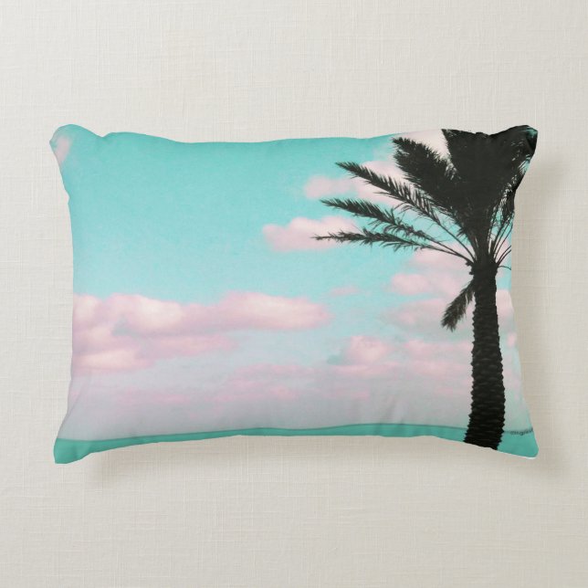 Cojín Decorativo Playa tropical, vistas al océano, nubes rosas, pal (Anverso)