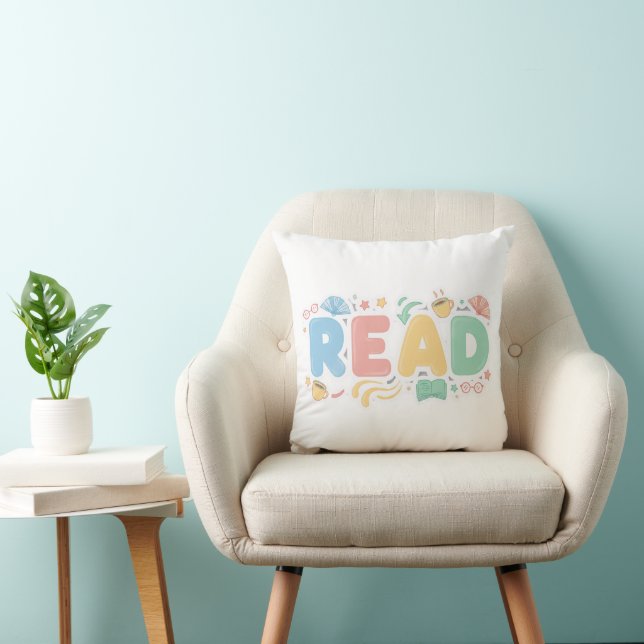 Cojín Decorativo Playful Pastel Bubble "READ" Sticker Style (Silla)
