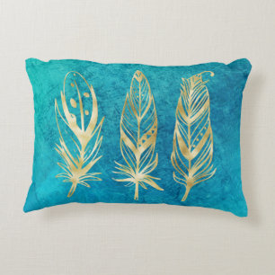 Cojín Decorativo plumas azul turquesa y oro
