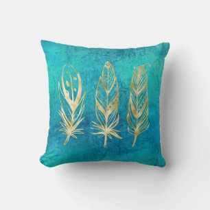 Cojín Decorativo plumas azul turquesa y oro
